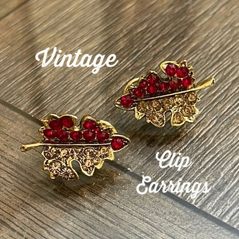 Vintage Red & Champagne Rhinestone Leaf Clip Earrings